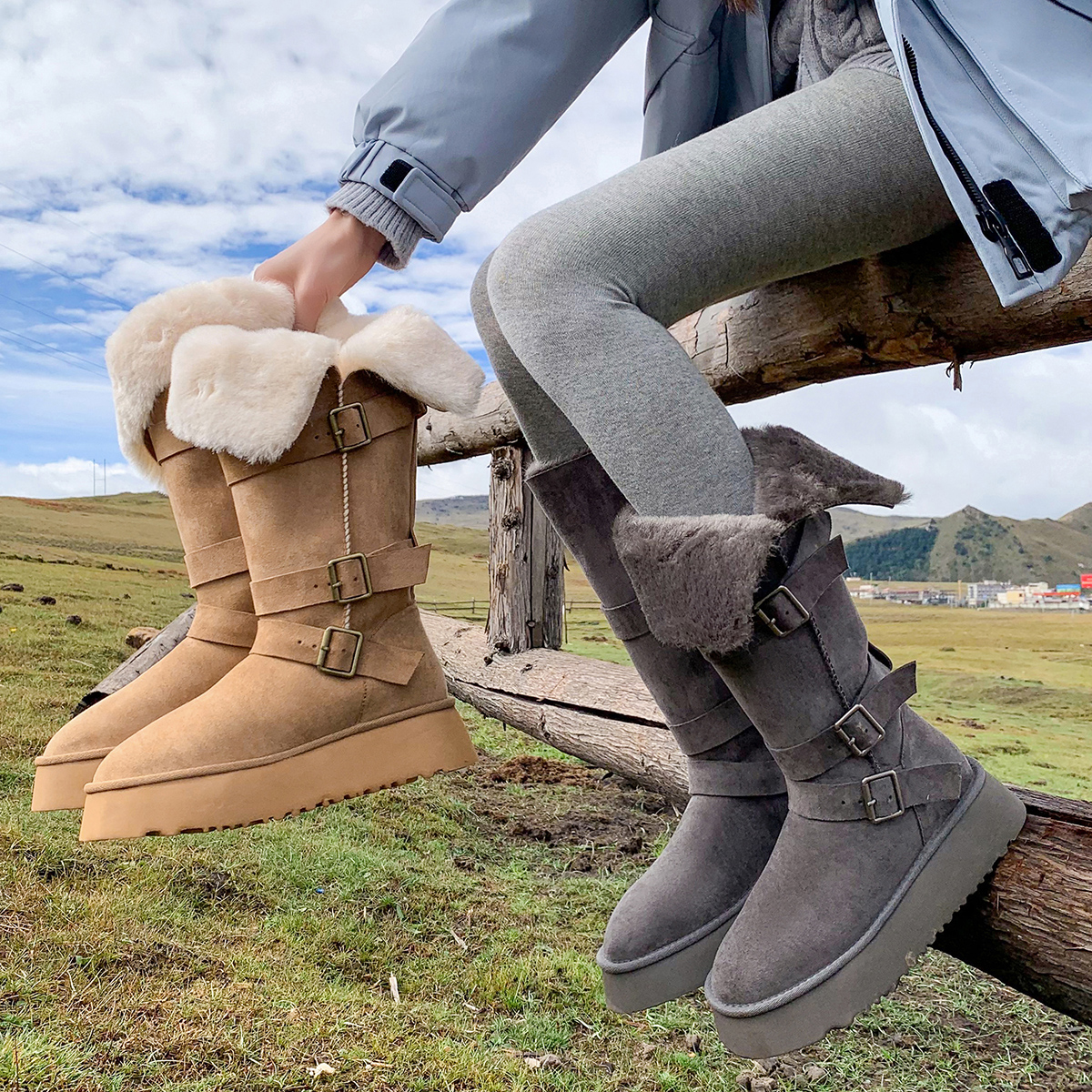 古菲斯奇女鞋厚底长筒雪地靴瘦腿