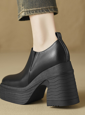 全真皮单鞋粗高跟方头鞋小个子厚底女鞋增高四季鞋松糕休闲鞋低帮