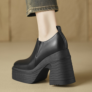 全真皮单鞋粗高跟方头鞋小个子厚底女鞋增高四季鞋松糕休闲鞋低帮