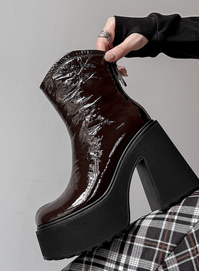 牛皮马丁靴四季女鞋粗高跟短筒靴子全真皮短靴厚底矮靴亮皮骑士靴