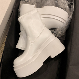 秋冬新款增高女鞋松糕跟短筒靴子真皮短靴瘦腿马丁靴坡跟厚底矮靴