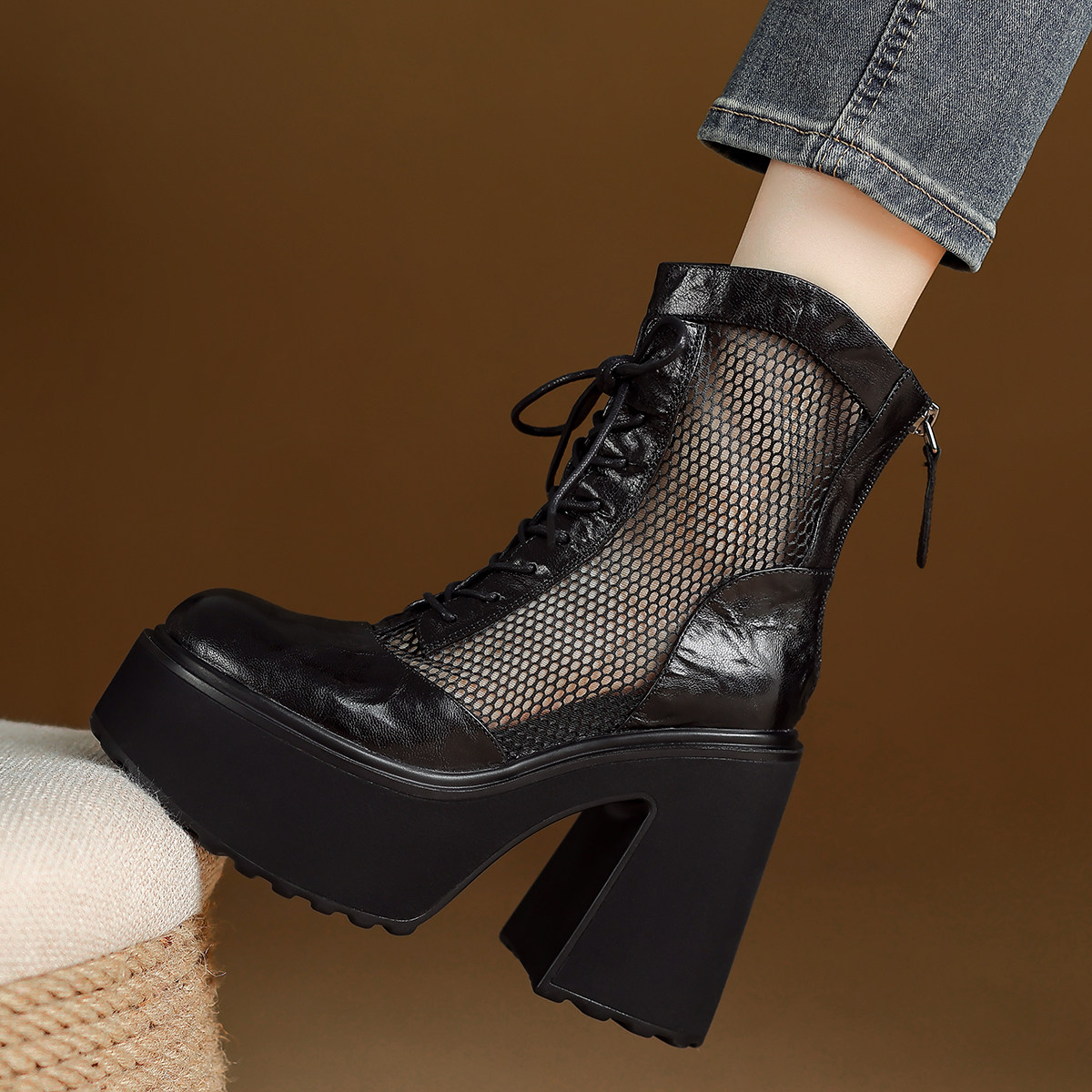 厚底高帮凉鞋网纱马丁靴女全真皮短筒靴子镂空网靴绑带凉靴粗高跟