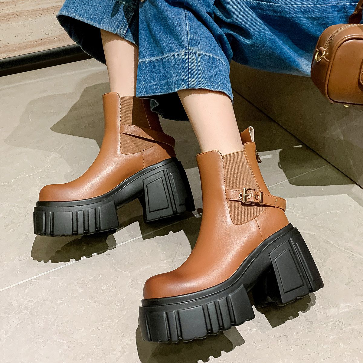 松糕跟烟筒靴增高女鞋粗跟厚底马丁靴真皮机车靴子短筒切尔西靴潮,女鞋,切尔西靴,淘宝优惠券,粉丝福利购,淘宝优惠卷