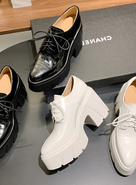 厚底增高女鞋真皮单鞋学院休闲鞋松糕跟尖头四季鞋粗跟乐福鞋系带