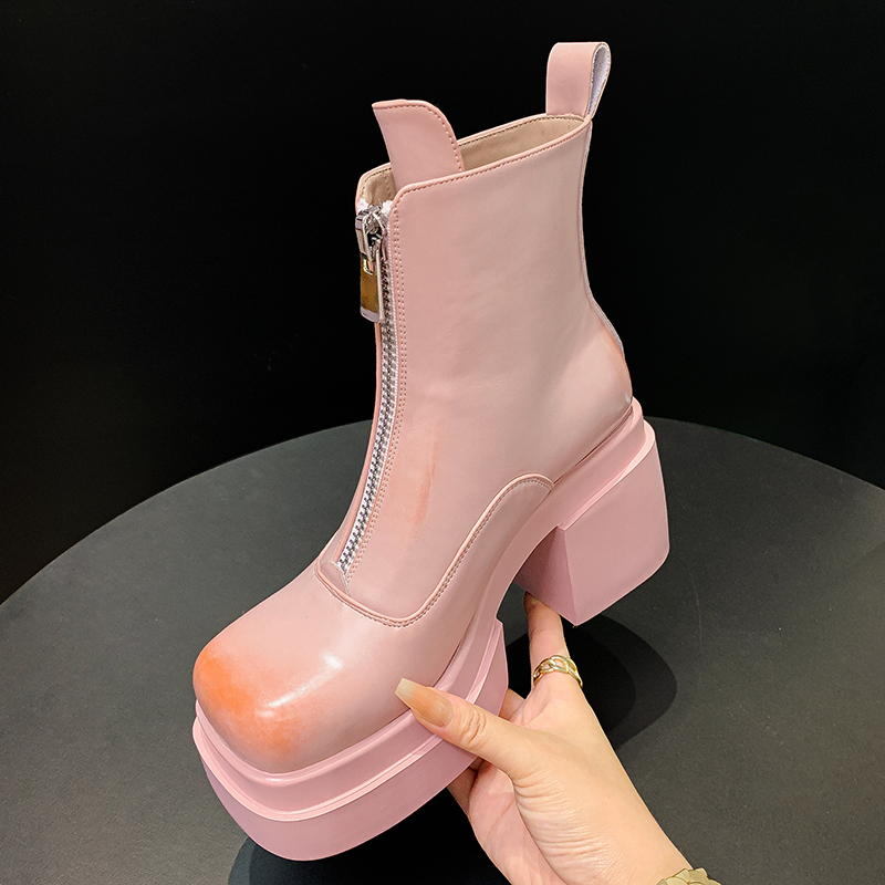 古菲斯奇女鞋粗高跟厚底马丁靴子