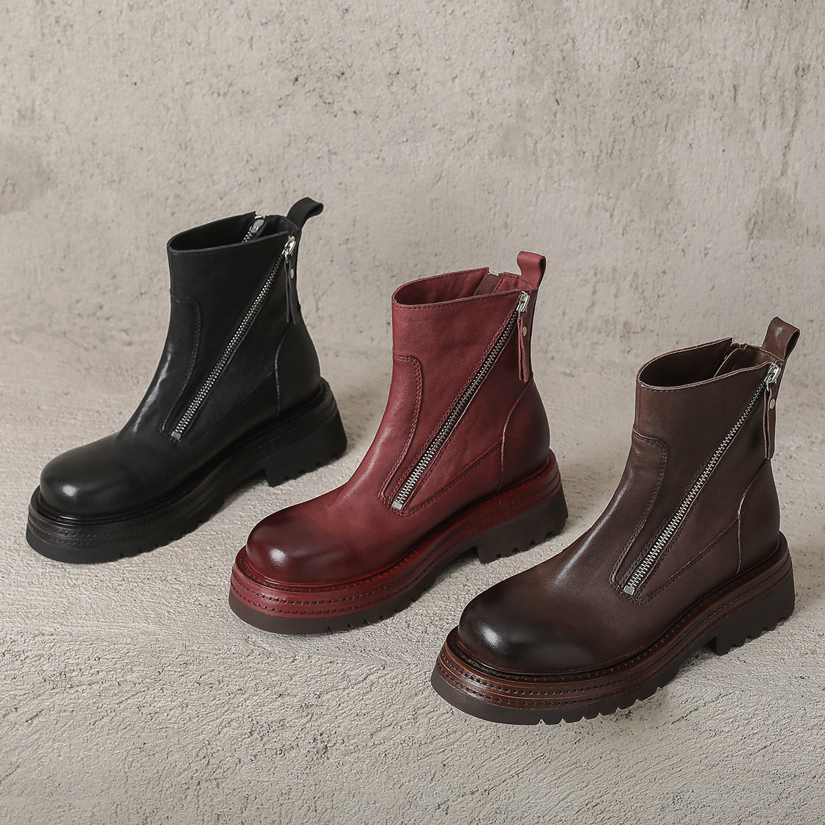 马丁靴四季女鞋粗跟短筒靴子全真皮短靴拉链机车矮靴厚底牛皮单靴