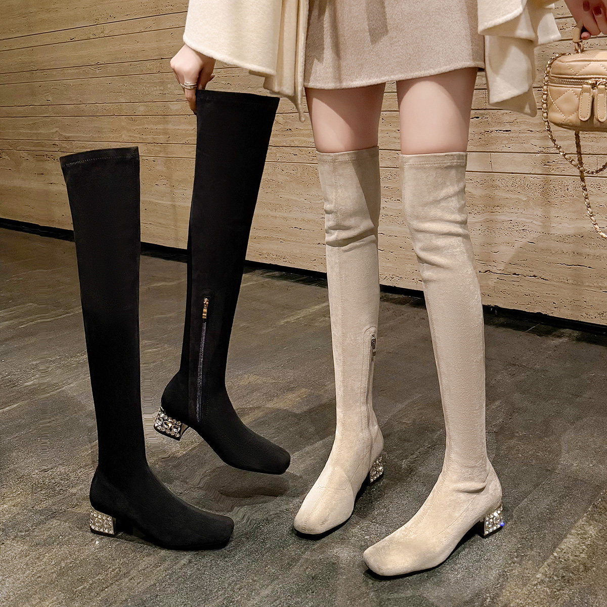 大码高靴粗跟方头瘦腿弹力靴过膝长筒靴子低跟女鞋包大腿长靴水钻,女鞋,弹力靴/袜靴,淘宝优惠券,粉丝福利购,淘宝优惠卷