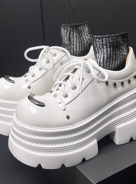 春季新款低帮女鞋厚底坡跟增高休闲单鞋真皮绑带乐福鞋柳钉松糕鞋