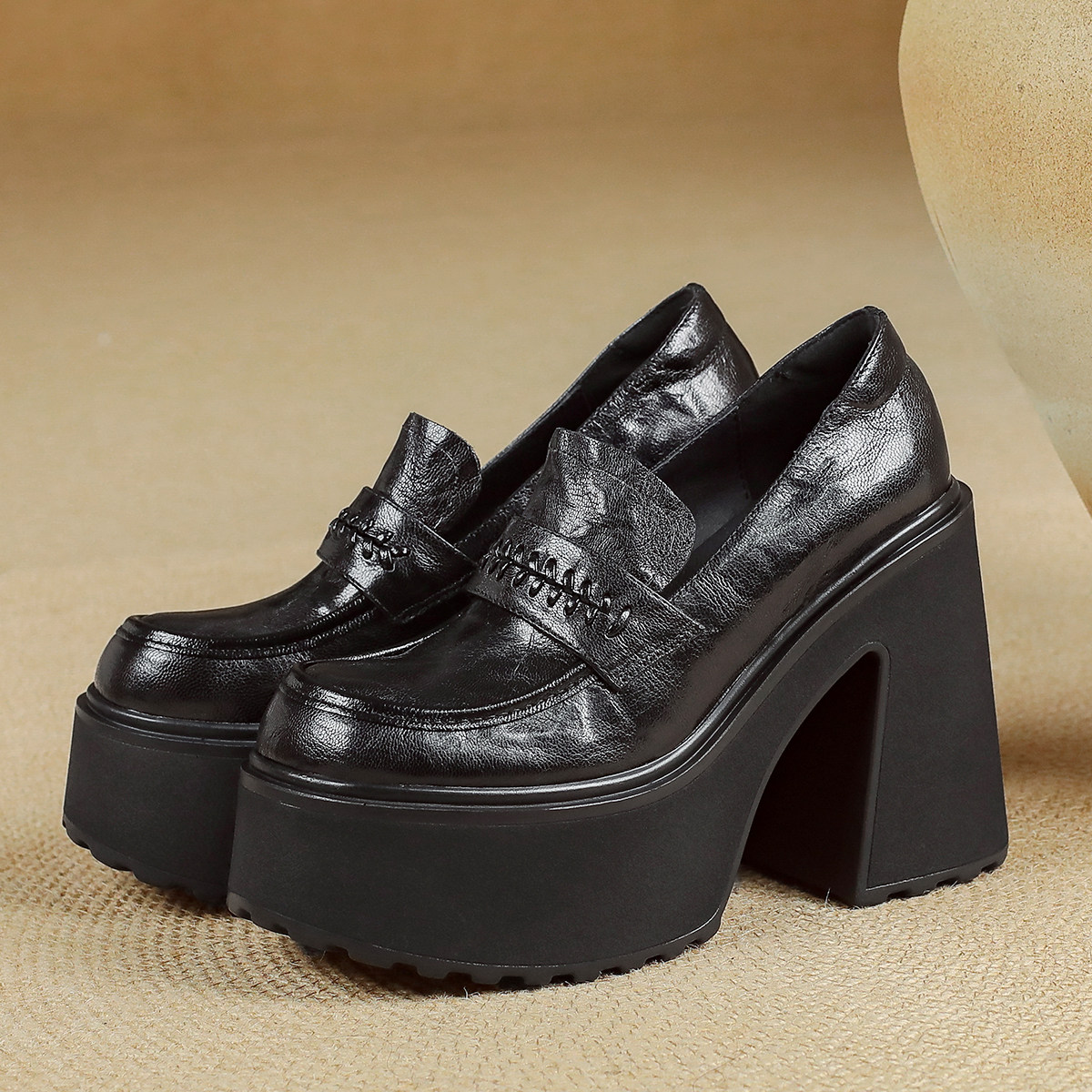 全真皮单鞋粗高跟低帮鞋学院风厚底女鞋四季松糕休闲鞋增高乐福鞋,女鞋,深口单鞋,淘宝优惠券,粉丝福利购,淘宝优惠卷