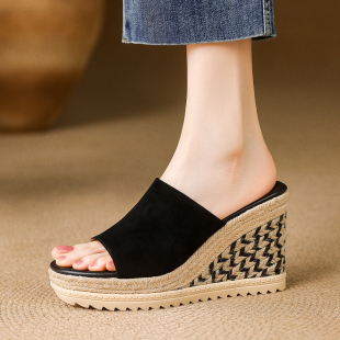 外穿松糕跟草编鞋 夏季 小个子凉拖鞋 坡跟厚底凉鞋 增高 方头真皮女鞋