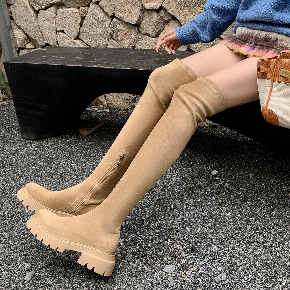 古菲斯奇女鞋粗跟厚底长筒靴过膝