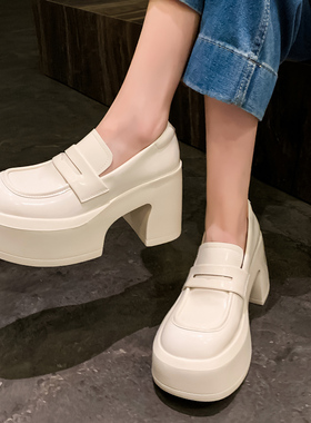 增高女鞋粗高跟休闲鞋真皮低帮单鞋松糕跟乐福鞋学院风四季鞋厚底