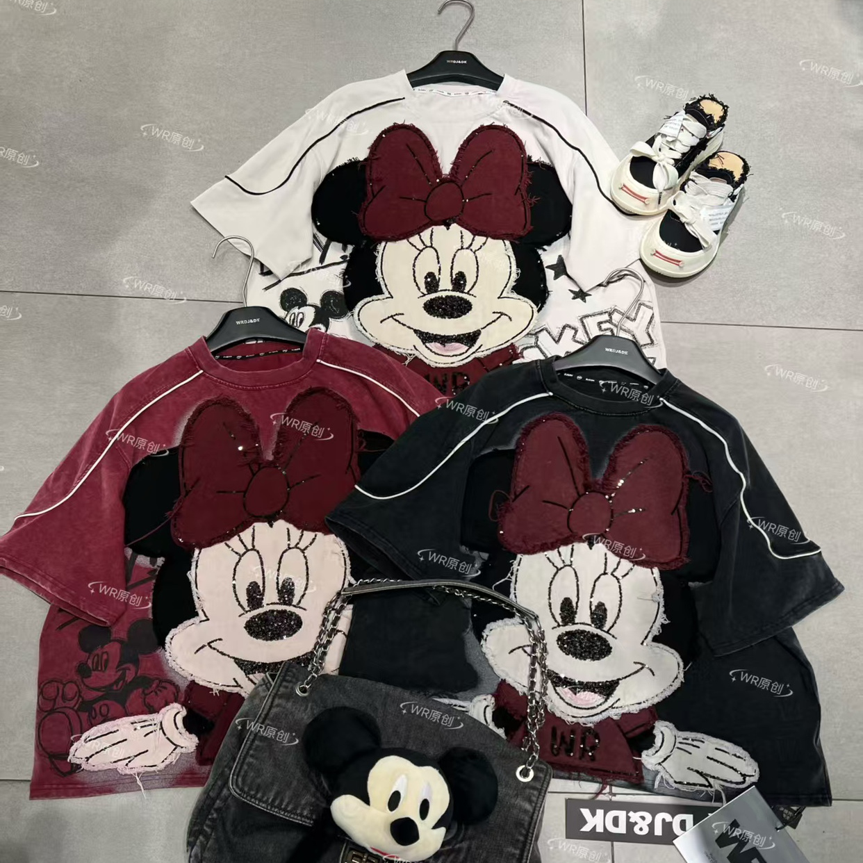 跨境WR潮牌新款重工可爱贴布大米妮卡通减龄时尚宽松短袖T恤上衣