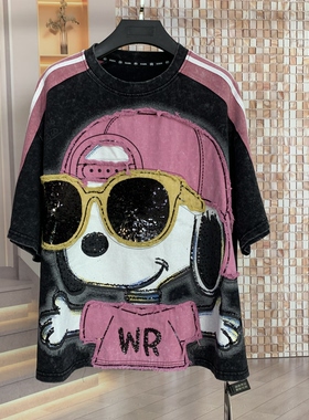 WR潮牌春夏新款重工墨镜史努比卡通小个子宽松短袖T恤上衣女