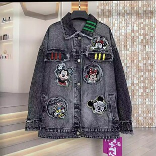 T+潮牌秋冬重工刺绣米奇卡通宽松时尚牛仔衬衫夹克外套上衣女