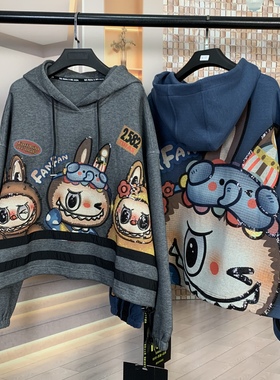 MX潮牌新款重工拉布布卡通宽松大版小个子连帽圆领时尚卫衣女上衣