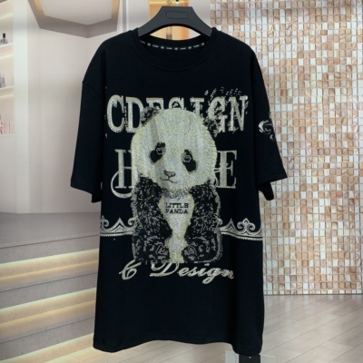 WR潮牌春夏重工双面满钻熊猫高级感减龄时尚宽松短袖T恤男女