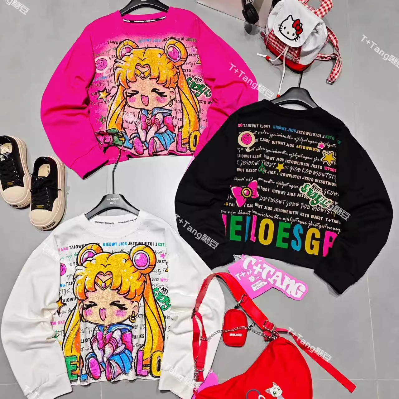 T+潮牌欧货时尚重工烫钻美少女可爱减龄小个子卫衣圆领长袖上衣女