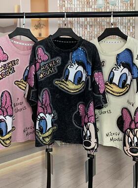 WR潮牌夏新款重工洗水米妮黛西卡通小个子宽松短袖T恤上衣女