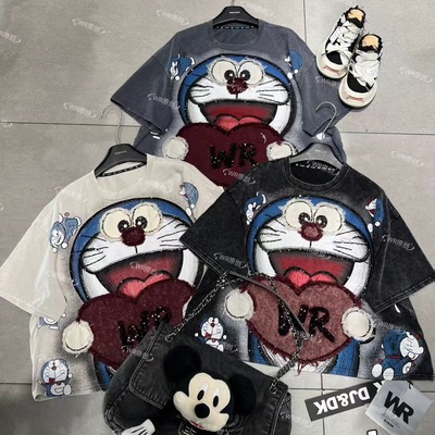 WR潮牌时尚重工爱心叮当猫小个子卡通减龄宽松短袖T恤上衣女跨境