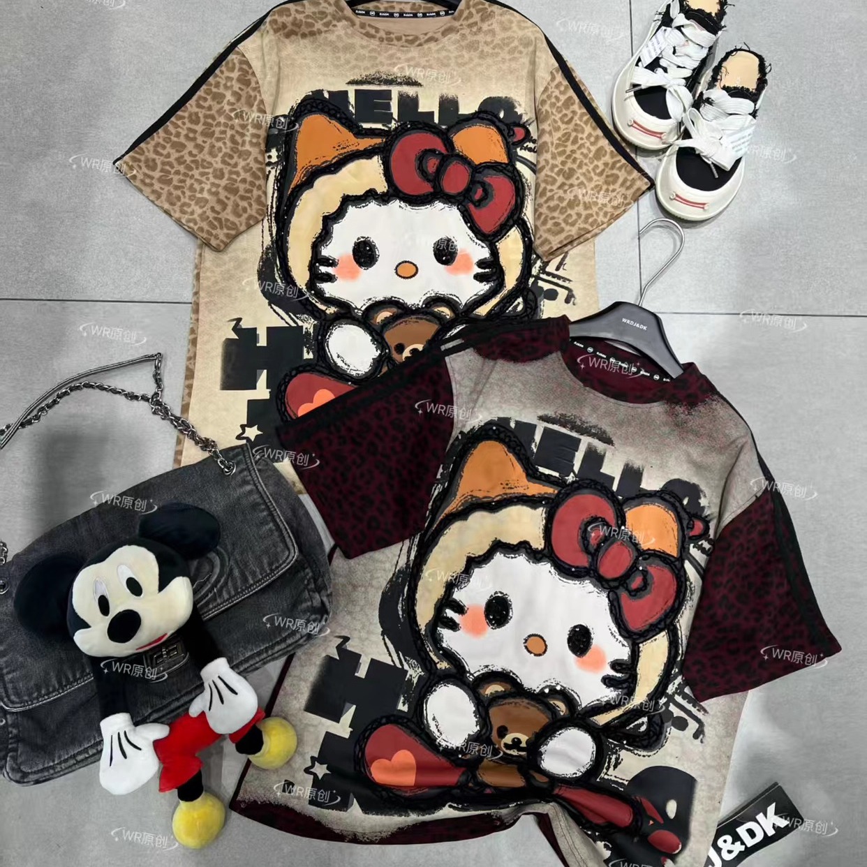 跨境WR潮牌新款重工豹纹Kitty猫卡通减龄时尚宽松短袖T恤上衣女