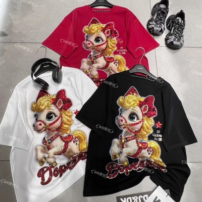 WR潮牌新款重工满钻黄金小马卡通减龄时尚宽松短袖T恤男女跨境
