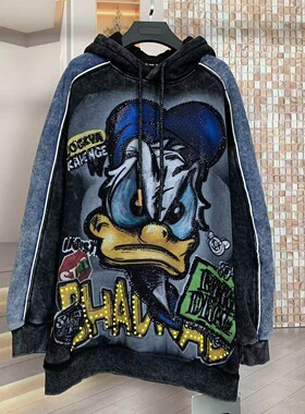 WR潮牌秋冬重工加绒拼色唐老鸭卡通减龄宽松时尚大版连帽卫衣