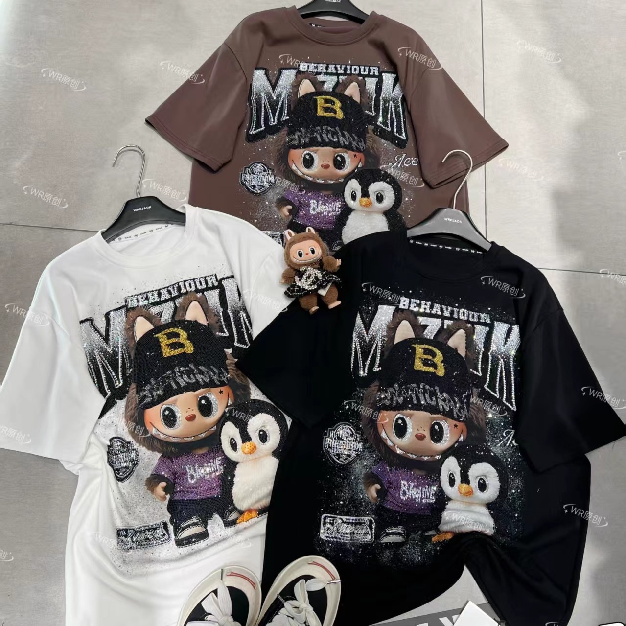 跨境WR潮牌秋冬磨毛重工满钻企鹅拉布布减龄时尚潮流宽松短袖T恤