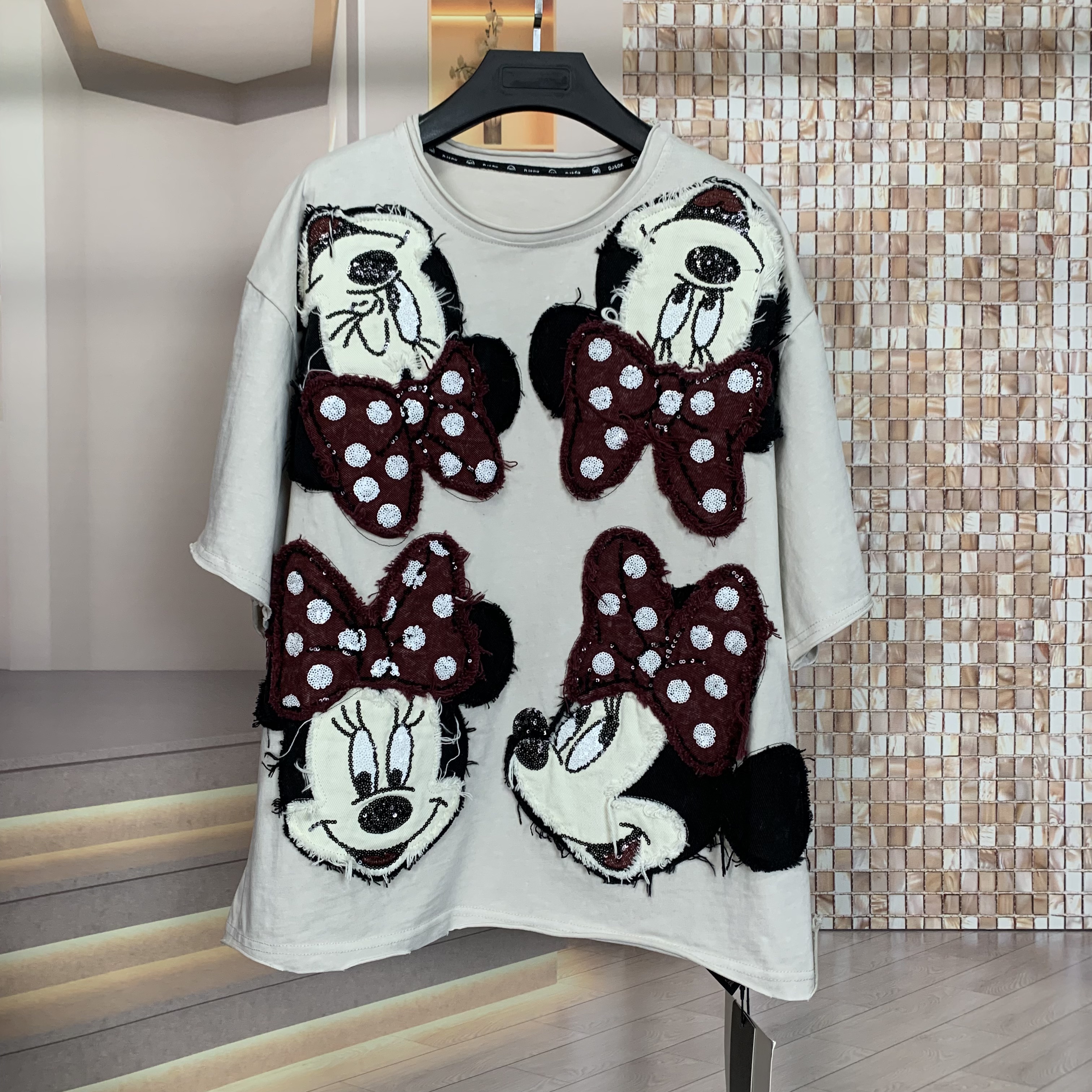 WR潮牌新款重工可爱贴布米妮头卡通减龄时尚宽松短袖T恤上衣