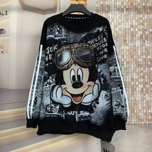 WR潮牌秋冬加绒满钻墨镜米奇卡通减龄宽松大版 圆领卫衣上衣