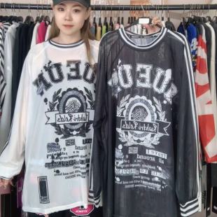 透气网纱新款 百搭防晒长袖 罩衫 字母大版 T恤上衣 圆领时尚 V潮牌夏季