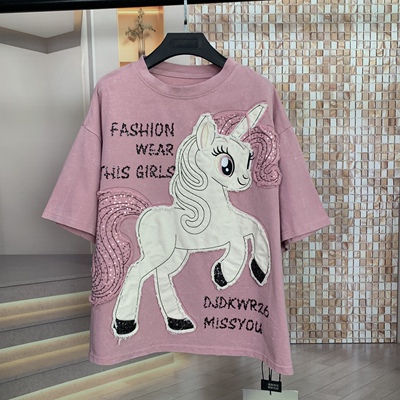 WR潮牌春夏时尚重工贴布小马小个子卡通减龄宽松短袖T恤上衣