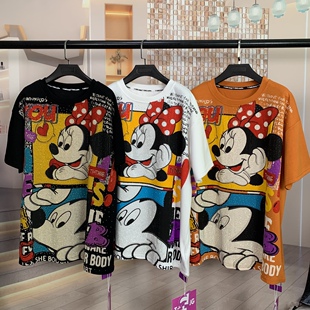 T+潮牌新款时尚重工满钻米奇米妮卡通减龄宽松短袖T恤上衣女