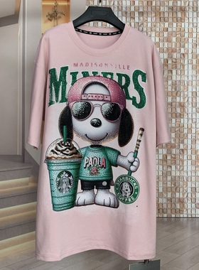 WR潮牌春夏新款重工满钻眼镜史努比时尚宽松中长款短袖T恤女