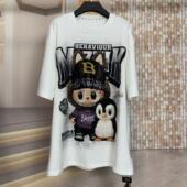 WR潮牌秋冬磨毛重工满钻企鹅拉布布减龄时尚 潮流宽松短袖 T恤