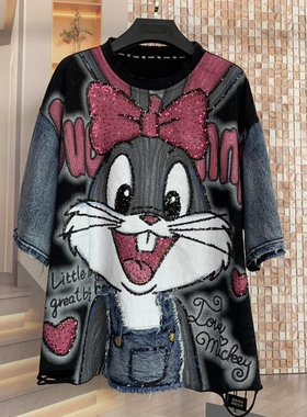 WR潮牌春夏新款重工蝴蝶结兔八哥卡通小个子宽松短袖T恤上衣