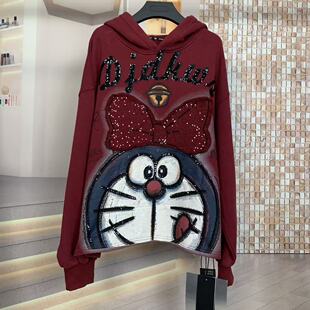 WR潮牌秋重工刺绣叮当猫可爱卡通大版 连帽卫衣上衣 宽松时尚