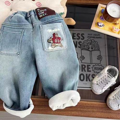 儿童冬季加绒牛仔裤男童2025新款保暖宝宝洋气时尚一体绒加厚裤子