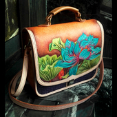 手工真皮男包女包订制植鞣牛皮皮雕彩绘蓝色荷花女款 拎包挎包