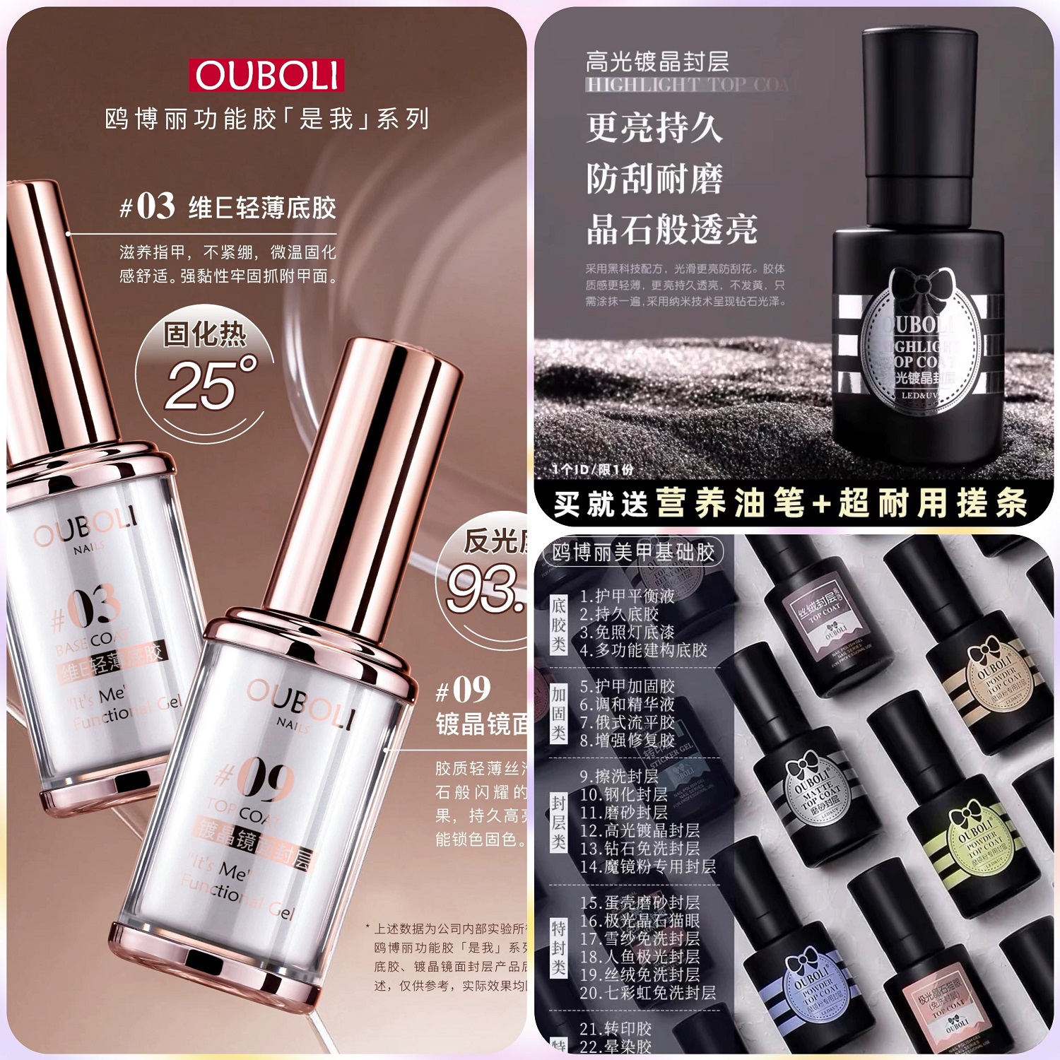 ouboli鸥博丽是我功能胶大黑瓶美甲底胶加固磨砂钢化高光镀晶封层