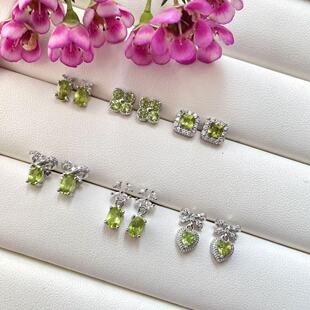 缘创手作 s925纯银针防过敏款天然橄榄石耳钉耳饰手链气质百搭