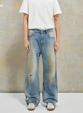 Selfness Vintage Denim泥染手擦做旧激光火烧拆边裤脚宽松牛仔裤
