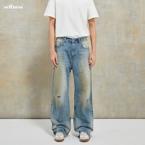 Selfness泥染手擦激光火烧牛仔裤