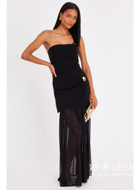 英国代购正品12.13 名品Boohoo 女装新款 时尚抹胸深色长款连衣裙