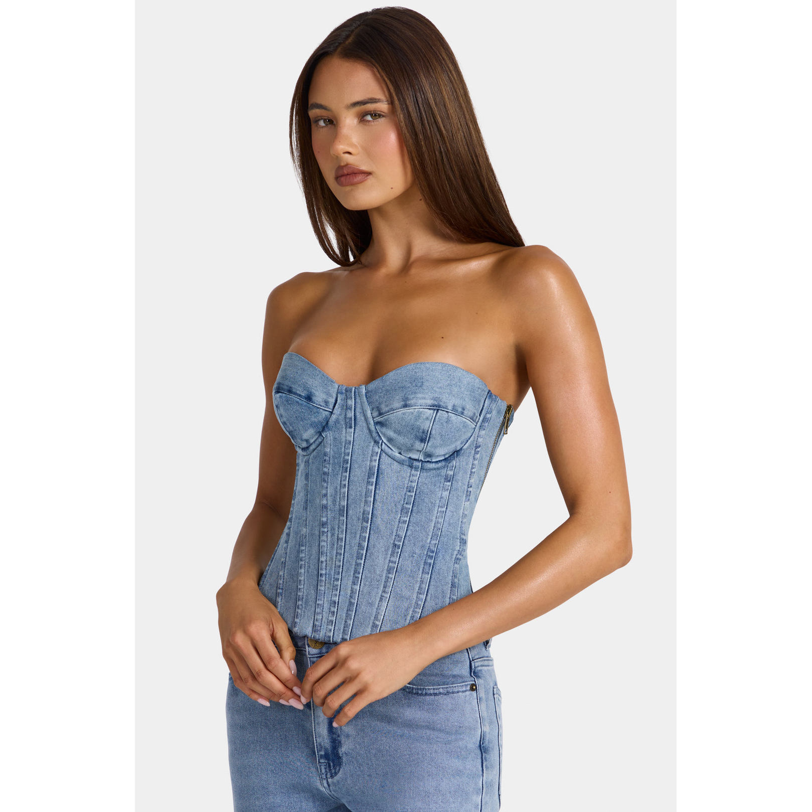 英国代购正品09.10 名品ohpolly 女装新款 法式抹胸束腰牛仔上衣