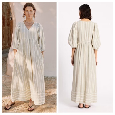 休闲V领条纹宽松长款连衣裙