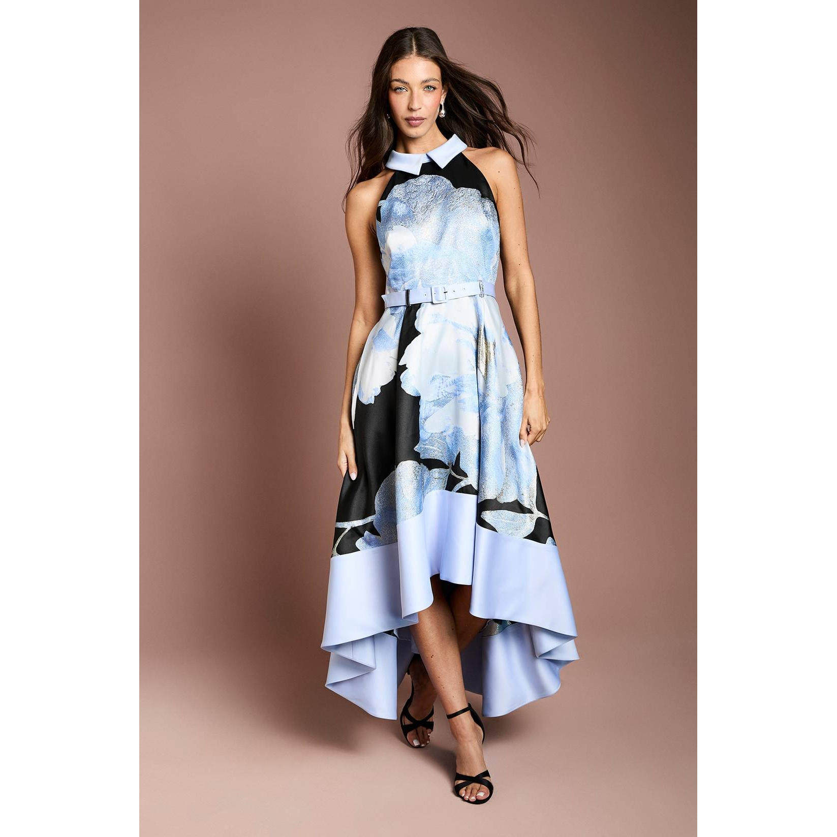 英国代购正品05.08 名品PL 女装新款 时尚翻领印花无袖长款连衣裙