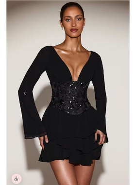 英国代购正品04.02 名品ohpolly 女装新款 闪亮束腰裙摆连衣裙