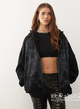 英国代购正品08.15 2025潮流导向 女装新款 连帽深色开衫百搭卫衣