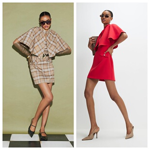 正品 新款 03.21 女装 设计斗篷格子系腰带连衣裙 名品ER 英国代购